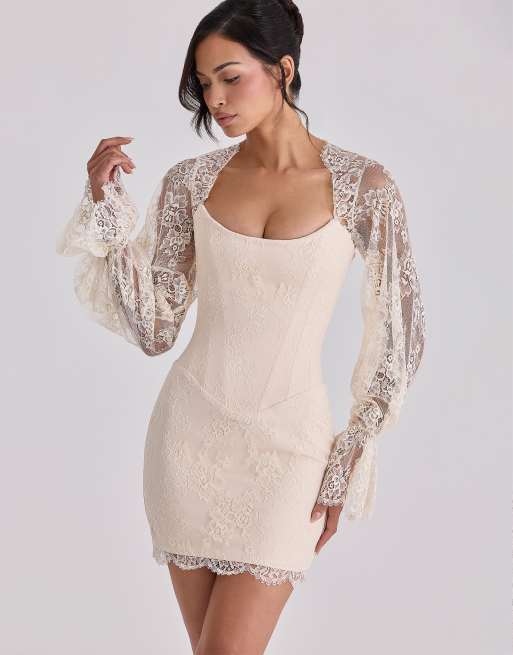 House of CB Aliana vintage ivory lace long sleeve mini corset dress in  ivory | ASOS