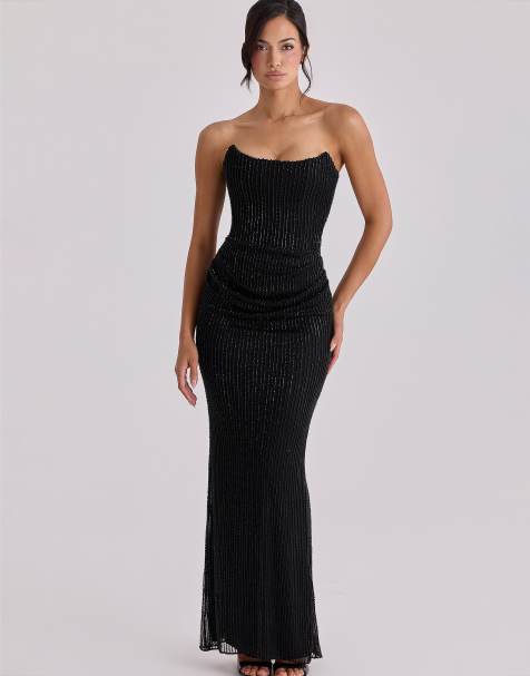 House of CB - Alicia - Vestito lungo nero decorato a mano con perline - view 1