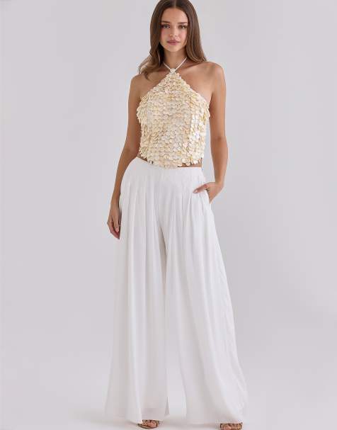 House of CB Alina pantalon large plissé en satin blanc - view 1