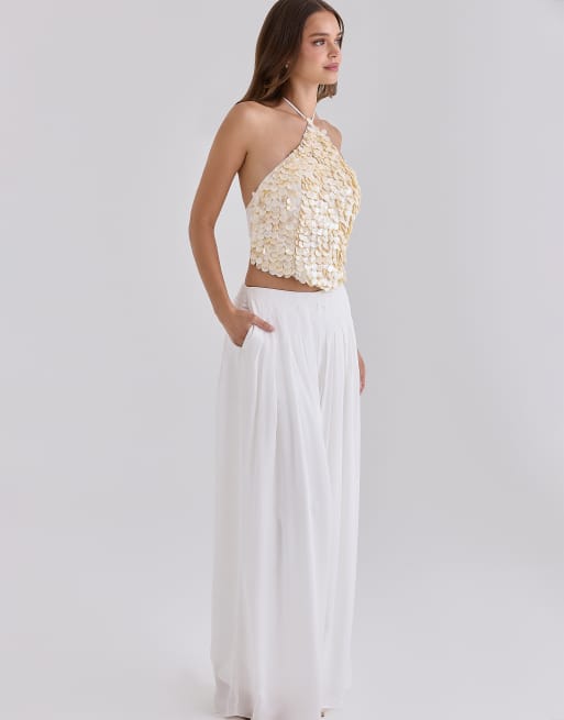 House of CB Alina Sateen Plissee-Weiter-Hose in Weiß, 4 von 4
