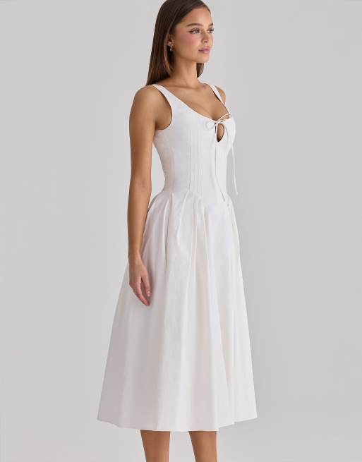 House of CB Alira vestido midi de algodón plisado con abertura en blanco - WHITE, 3 de 4