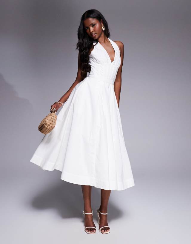 house of cb a line halter dress Allena cotton midi sundress in white Black Linen Sundress With European inspired wedding dress back fastening ensures ease Size:18 US