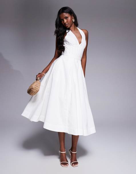 House of CB Allena stretch cotton halter midi sundress in white - view 1