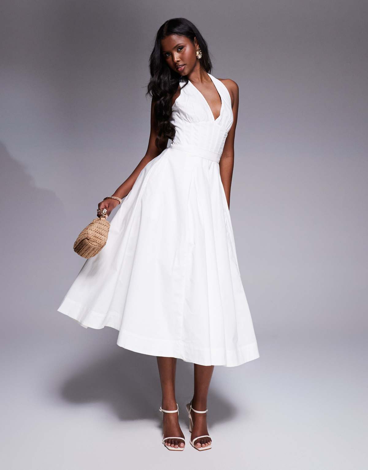 House of CB Allena stretch cotton halter midi sundress in white