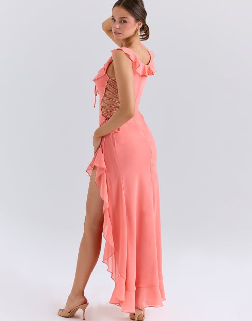 House of CB Aloura coral georgette ruffle maxi dress in coral | ASOS