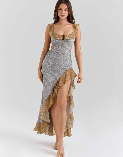 House of CB Aloura paisley print georgette ruffle maxi dress in paisley print - LGREY - view 1