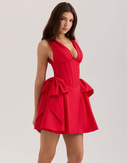 House of CB Amalia cotton bow mini dress in red