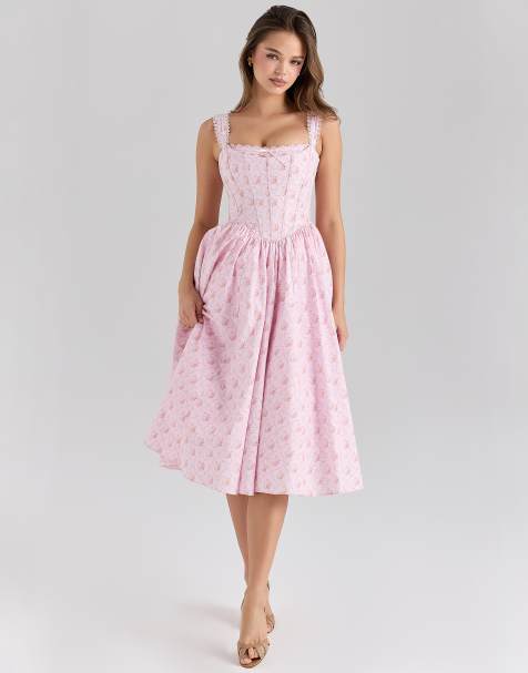 House of CB Amara stretch cotton corset midi dress in pink rose print