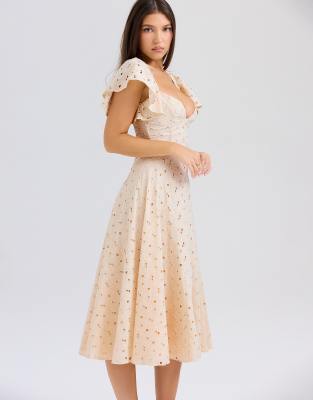 House of CB Amaya tea broderie anglais midi dress in cream-White