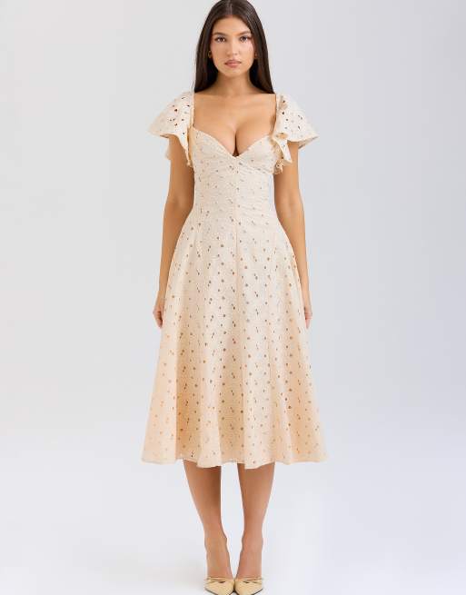 House of CB Amaya tea broderie anglais midi dress in cream