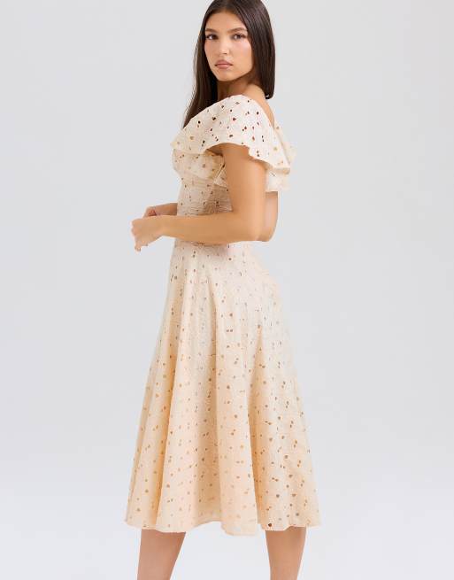 House of CB Amaya tea broderie anglais midi dress in cream