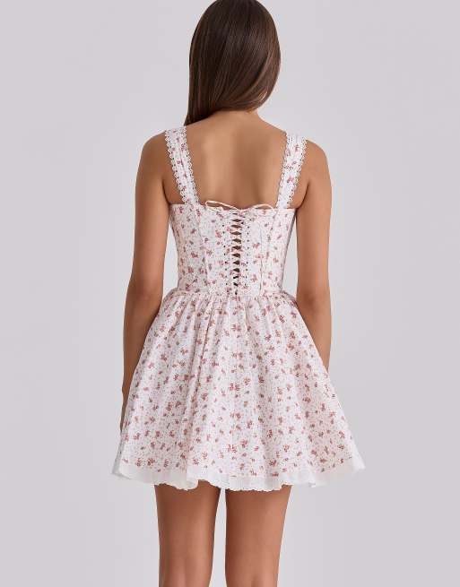 House of CB Ami robe courte corset en coton à imprimé roses blanches - blanc, 4 de 4