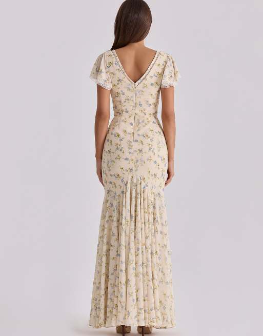 House of CB Amina robe longue en georgette à imprimé fleuri citron, 2 de 4