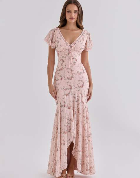 House of CB - Amina - Robe longue en georgette imprimée roses vintage - Rose - view 1