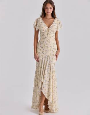 House of CB - Amina - Robe rétro longue en georgette à imprimé fleurs - Jaune citron
