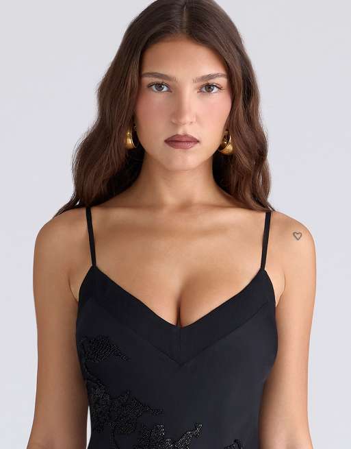 House of CB Anastelle black hand beaded embellished satin maxi dress -  limited edition in black | ASOS