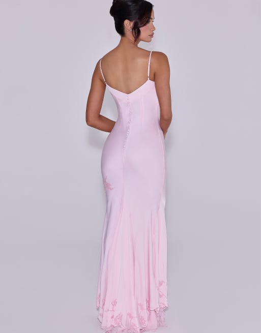 House of CB Anastelle pink hand beaded embellished satin maxi dress in pink  | ASOS