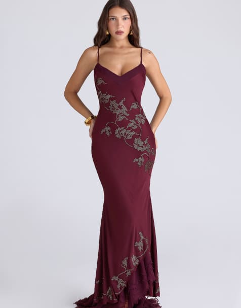 House of CB Anastelle plum hand beaded embellished satin maxi gown - limited edition in plum - view 1