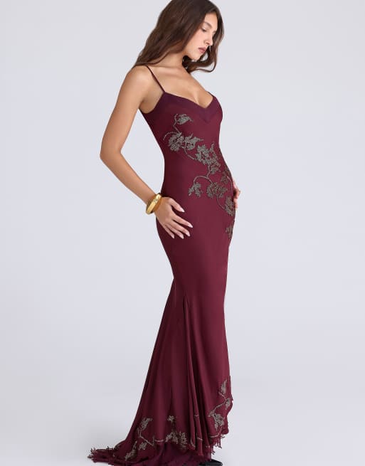 House of CB Anastelle plum hand beaded embellished satin maxi gown - limited edition in plum