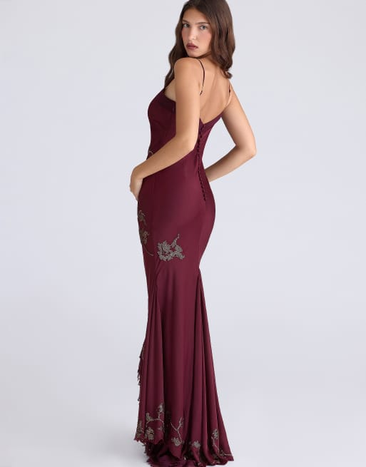 House of CB Anastelle plum hand beaded embellished satin maxi gown - limited edition in plum