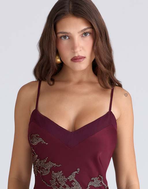 House of CB Anastelle plum hand beaded embellished satin maxi gown - limited edition in plum