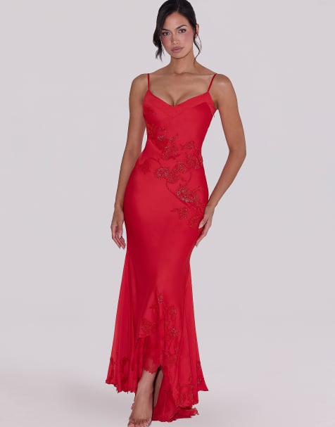 House of CB - Anastelle - Satijnen maxi jurk versierd met kralen in rood - view 1