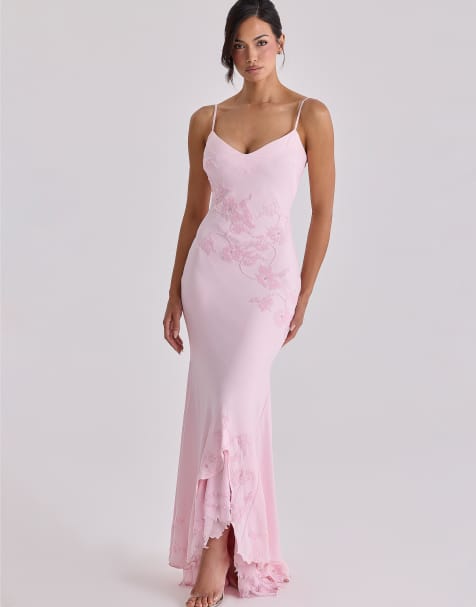 House of CB - Anastelle - Satijnen maxi jurk versierd met kralen in roze - view 1