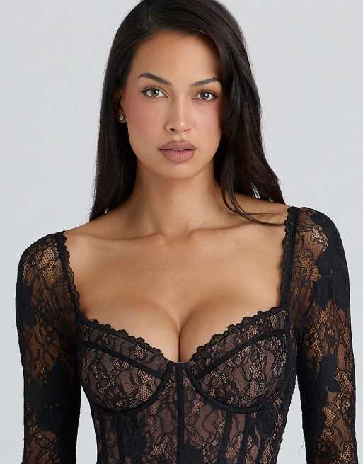 House of CB Aneira body in pizzo a maniche lunghe nero, 3 di 4