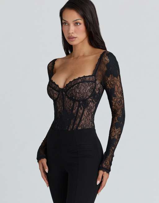 House of CB Aneira lace long sleeve bodysuit in black, 2 of 4