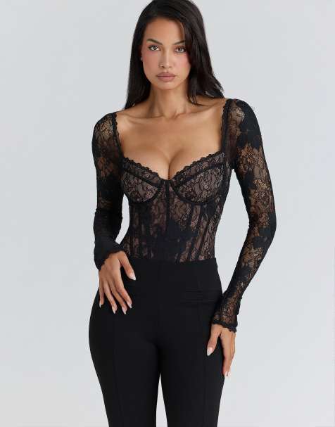 House of CB – Aneira – Langärmliger Body aus Spitze in Schwarz - view 1