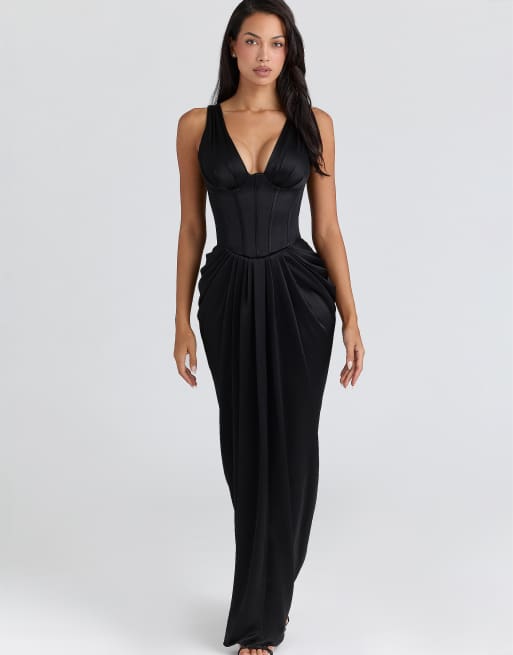 House of CB Angeline black satin hourglass maxi dress - limited edition in black