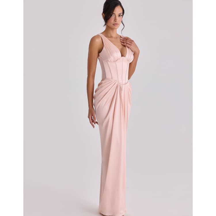 House of CB Angeline blush satin corset maxi dress in blush | ASOS