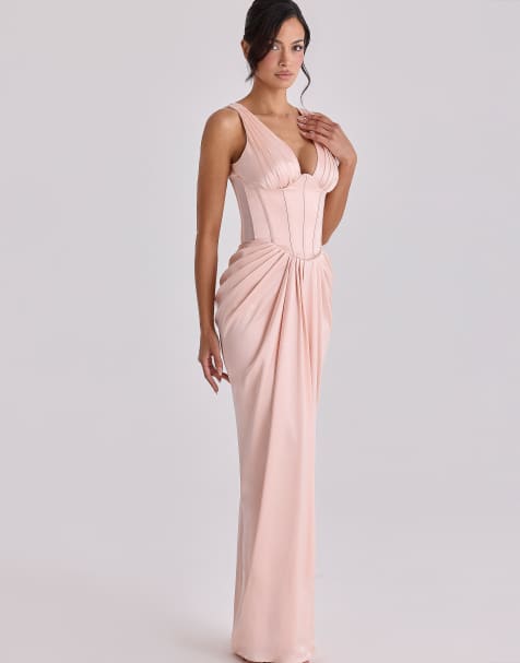 House of CB Angeline blush satin corset maxi dress in blush