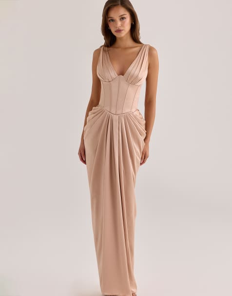 House of CB Angeline champagne satin corset maxi dress in champagne - view 1