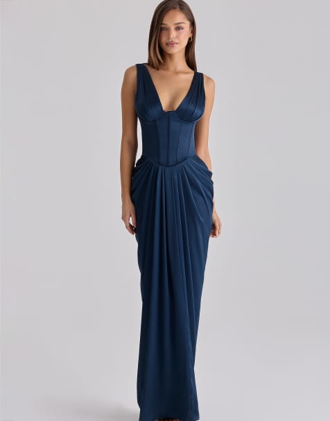 House of CB Angeline navy satin corset maxi dress in navy - view 1