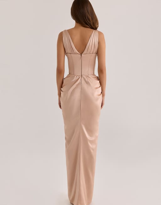 House of CB Angeline robe maxi corset en satin champagne, 3 de 4