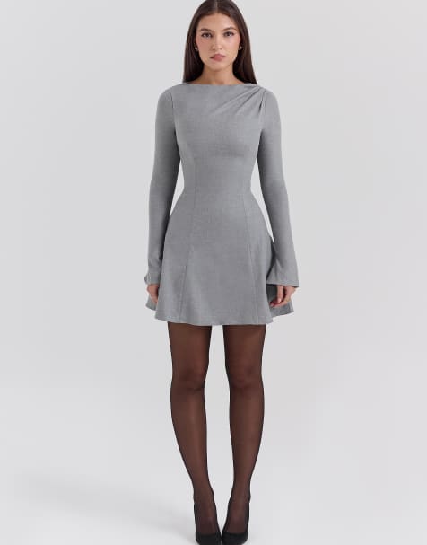 House of CB Angelique a-line long sleeve mini  dress in grey - view 1