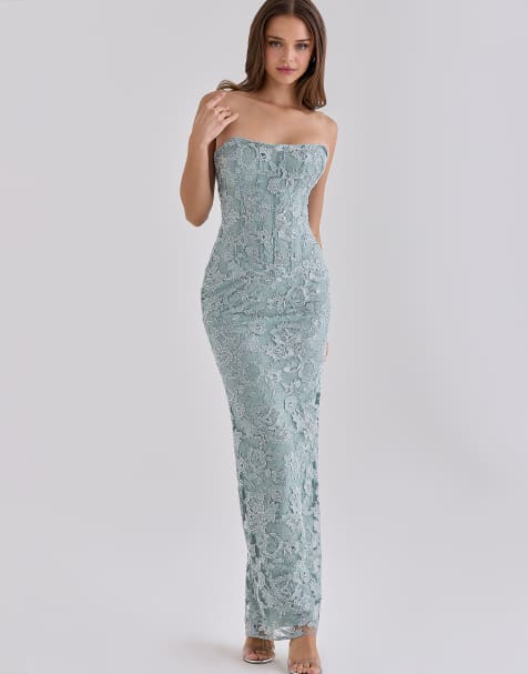 House of CB Anisa jade hand beaded embellished strapless maxi dress in jade - view 1