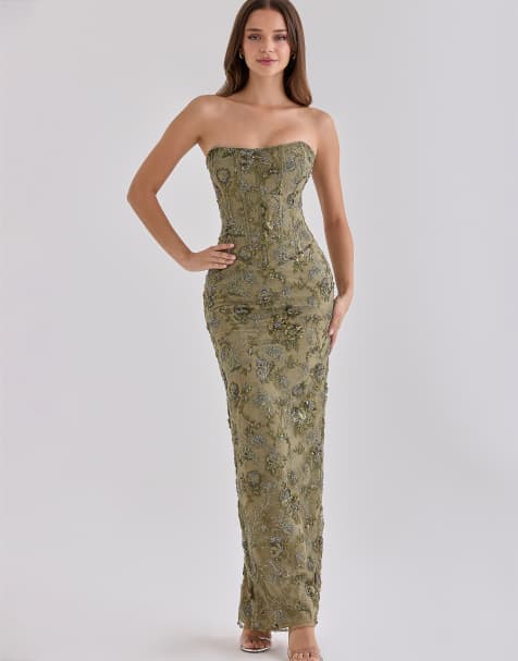House of CB Anisa olive hand beaded embellished strapless maxi dress - limited edition in olive - view 1