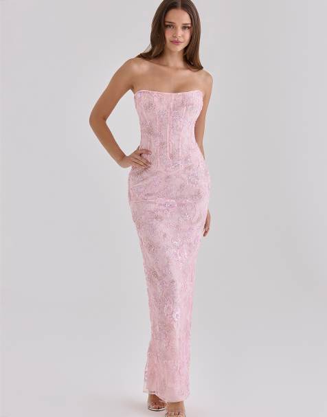 House of CB Anisa pink hand beaded embellished strapless maxi dress in pink - view 1