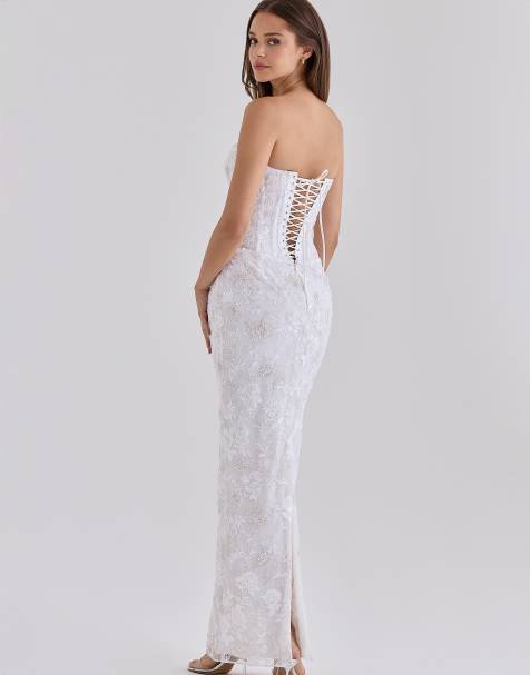 asos design beaded embellished bandeau midi dress in white Dresses Asos pearl dress