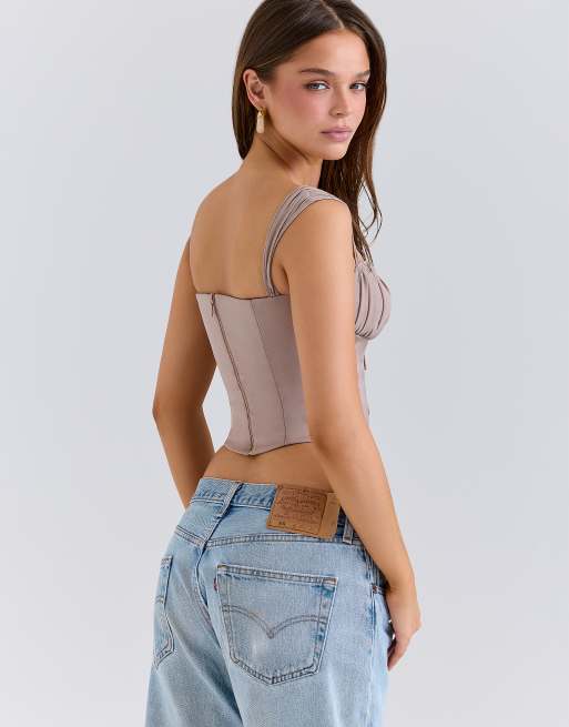 House of CB Anja georgette cap sleeve corset top in mocha, 3 of 4