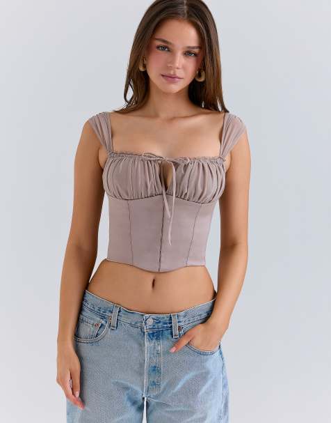 House of CB Anja mocha georgette cap sleeve corset top in mocha - view 1