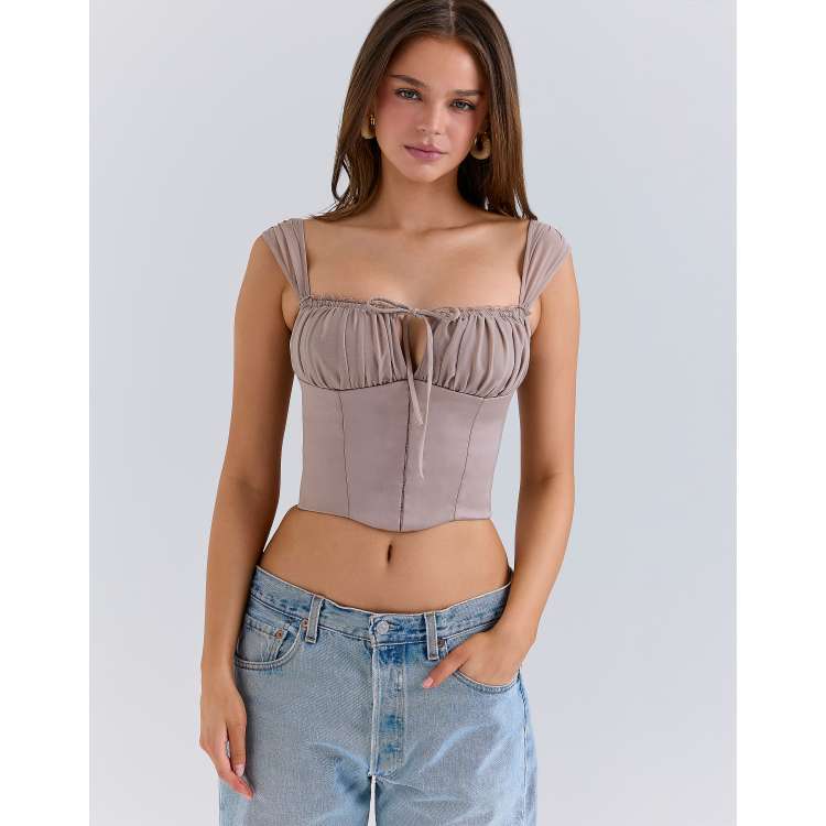 House of CB Anja mocha georgette cap sleeve corset top in mocha | ASOS