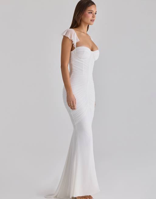 House of CB - Antonella - Aangerimpelde maxi jurk van mesh in wit, 2 van 4