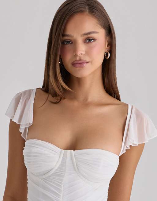 House of CB - Antonella - Aangerimpelde maxi jurk van mesh in wit, 3 van 4