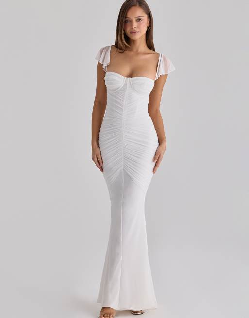House of CB - Antonella - Aangerimpelde maxi jurk van mesh in wit, 4 van 4