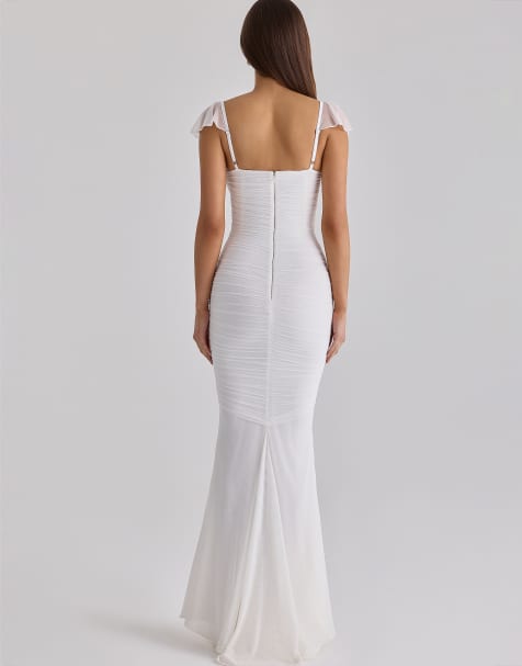 House of CB – Antonella – Maxikleid aus gerafftem Netzstoff in Weiß - view 1