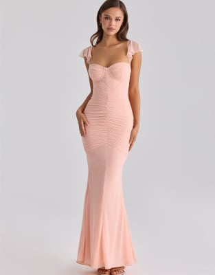 House of CB - Antonella - Robe longue et moulante en tulle - Pêche-Orange