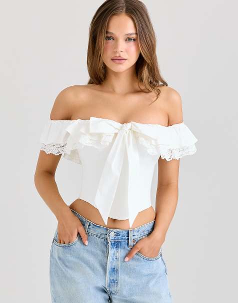 House of CB Aria white stretch cotton off-the-shoulder frill corset in white - view 1